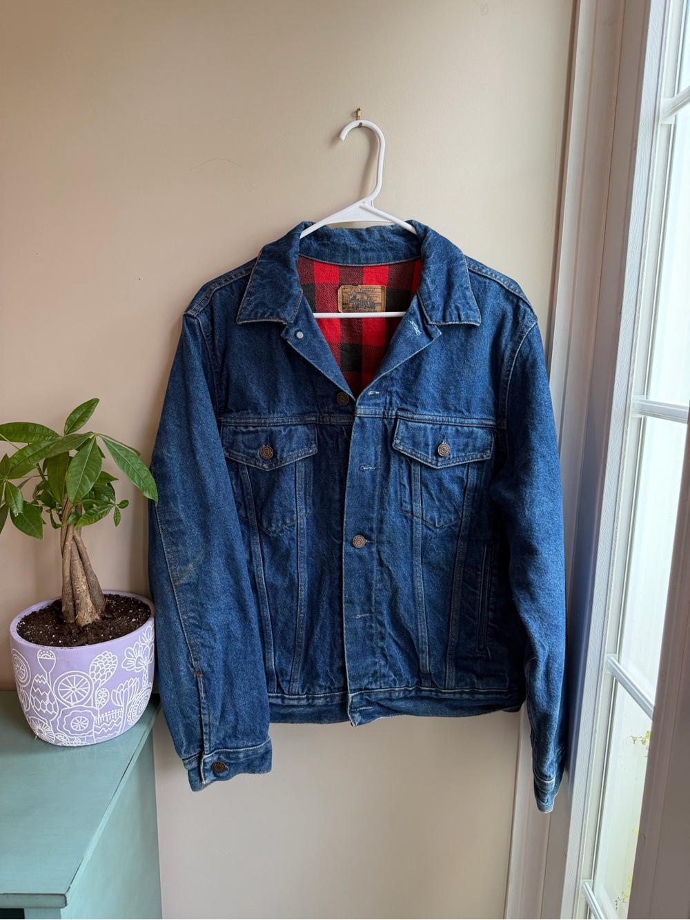 Vintage Plain Pockets Flannel Lined Denim Jacket